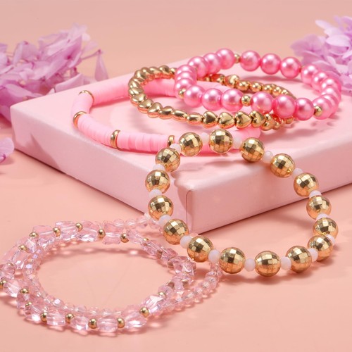 Pulseras elásticas apilables Bohemias rosa con cuentas para mujer 6 piezas Boho M - Imagen 6 de 6