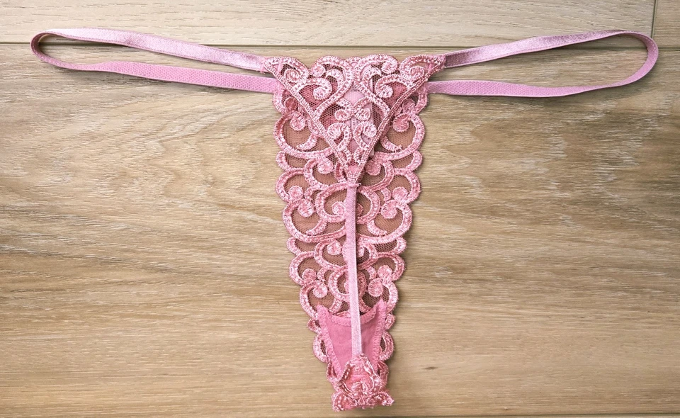 Rare Vintage Victoria's Secret Pink Sheer Lace Tiny Micro V-String Panties M - Image 2 of 3