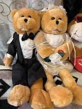 Bride  Groom Wedding Plush Teddy Bears Pair Tan 11-15in w/ Dress Suit Bow Tie
