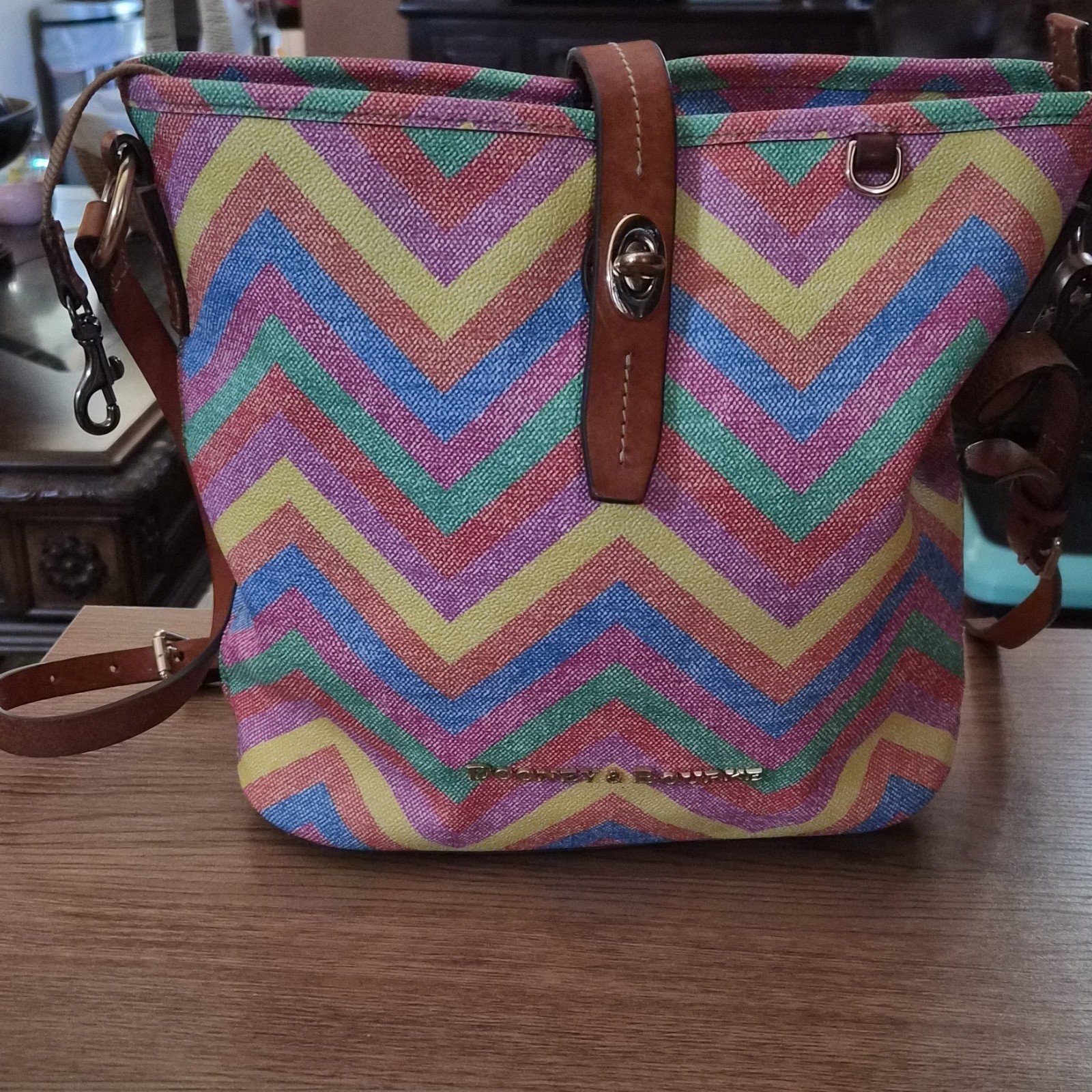 Multicolor Chevron Pattern Shoulder Bag with Brow… - image 1