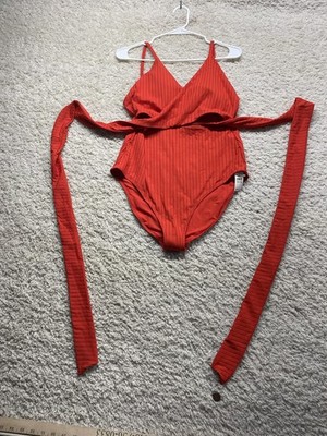Aerie Real Good Red UPF 50 Red One Piece Swimsuit Crossover Top Women s XL *NEW*