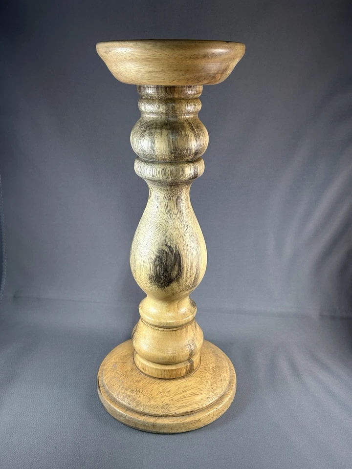 Pier 1 One Wood Turned 11” Tall Single Candlestick Holder For Pillar 3" Decor LN - Image 2 of 4