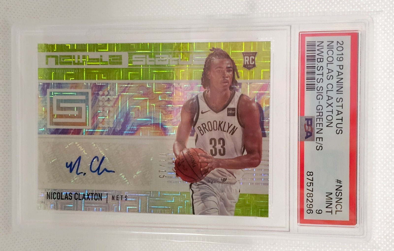 Nicolas Claxton Panini Status Newbie Rookie Auto Green Escher Squares 1/15 PSA 9