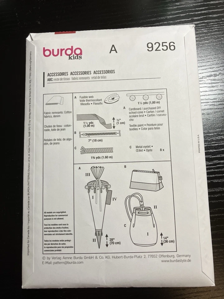 BURDA 9256 Child Accessories School Cone/Pencil Case/Gym Bag Pattern Uncut - Image 2 of 2