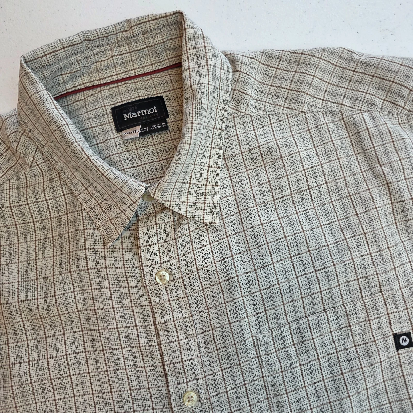 Marmot Mens 2XL Short Sleeve Button Up Shirt Brown Plaid Hiking Casual
