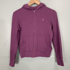 Polo Ralph Lauren Mini Cable Knit Cotton Full Zip Hoodie Purple Girls XL 16 