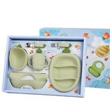 Silicone Baby Feeding Gift Set   Suction Plate, Bowl, Training Matcha Green