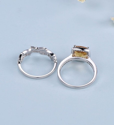 Cushion Cut Natural Citrine Vintage 925 Solid Silver Eternity Wedding Ring Set - Picture 6 of 6
