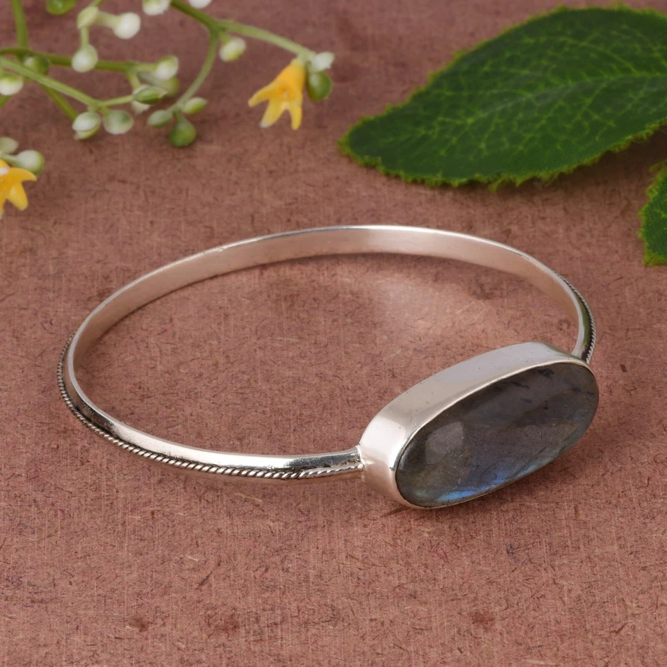 925 Sterling Silver Natural Labradorite Gemstone Sleek Women's Bangle Jewelry - Image 2 of 4