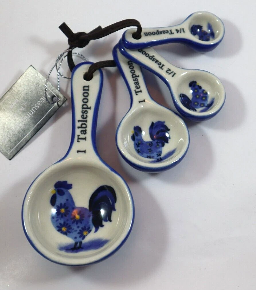YBOT ceramic blue rooster MEASURING SPOON SET ganz 4pc teaspoon