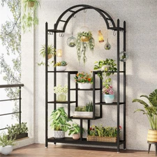 5-Tier Large Plant Stand Rack Arched Metal Flower Shelf Rack with Hanging Hooks 