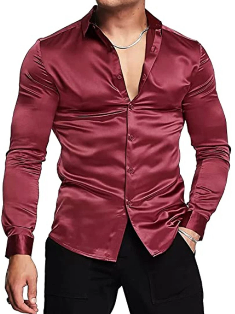 Men Fashion Silky Long Sleeve Burgundy Red Button Down Shirt Dress Up Ultra Soft