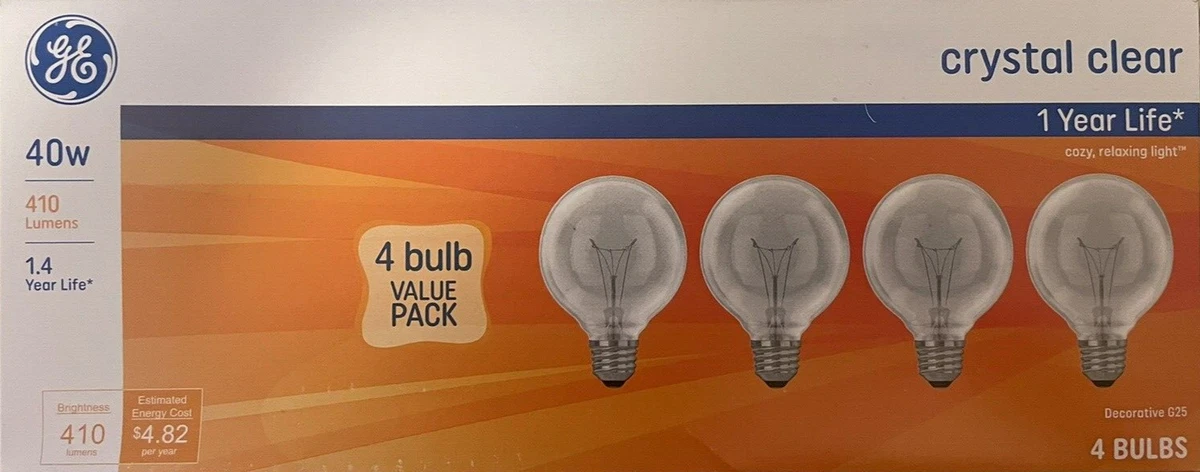 4 GE 40 Watt Crystal Clear Old Style G25 Globe Light Bulbs w Medium Base