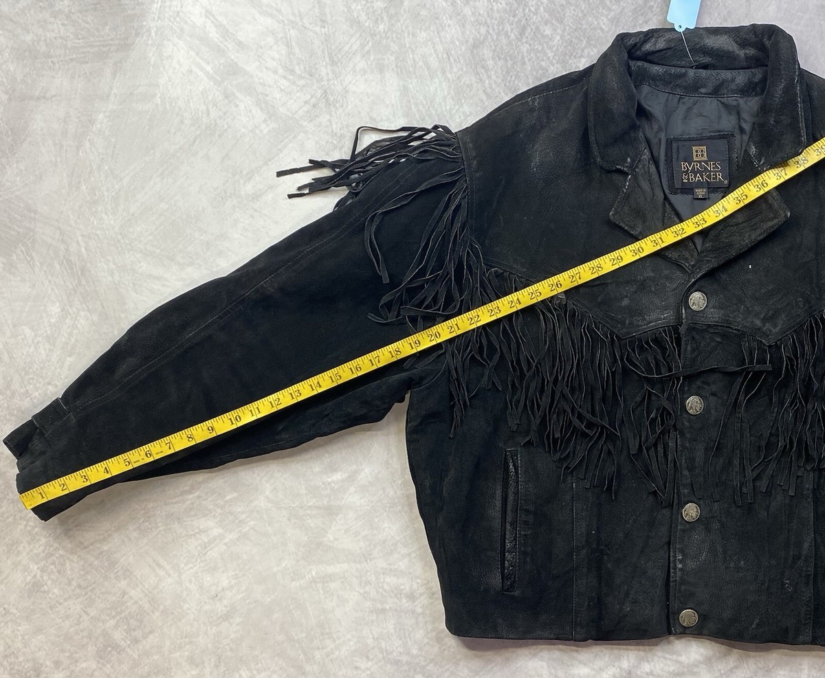 Vintage Byrnes & Baker Black Leather & Fringe Cropped Jacket Lined 