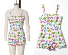 Vintage 1950s 50s Fruit Novelty Print Cotton Short Romper Summer Pin Up Playsuit