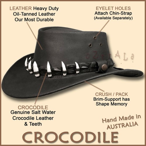【oZtrALa】LEATHER Hat CROCODILE Band Mens AUSTRALIAN Outback DUNDEE Jacaru Cowboy - Picture 7 of 13