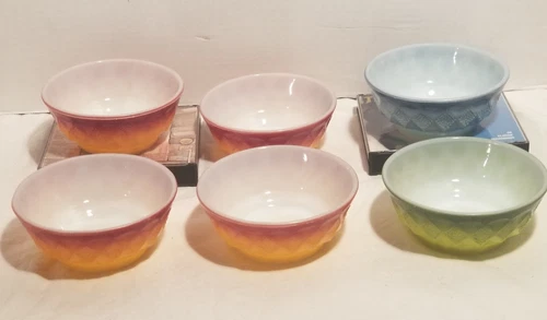 ANCHOR HOCKING FIRE KING KIMBERLY DIAMOND 5" YELLOW, 2 TONE CEREAL BOWLS SET 6