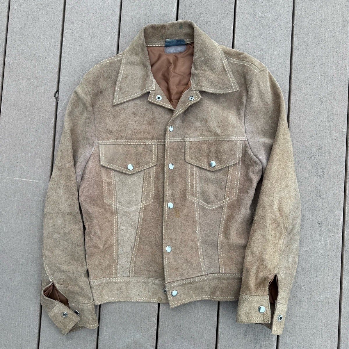 Vtg 60s Tan Brown Cowhide Suede Leather Distressed Western Trucker 