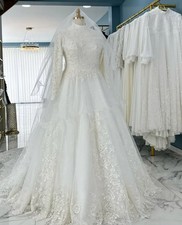 Muslim Princess Wedding Dresses Luxury Applique Lace Long Sleeve High Neck