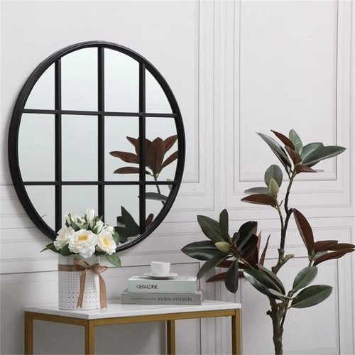 Elegant Decor Motif 28" Round Mid Century Metal Windowpane Frame Mirror in Black - Picture 5 of 7