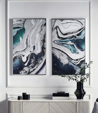 Set of 2 Blue and Silver Abstract Framed Canvas Wall Art
