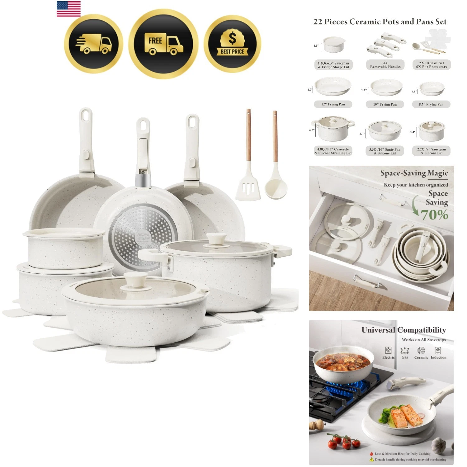 22-Piece Pots and Pans Set Non Stick with Removable Handles, Ceramic Cookware...