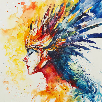 Lebendiges orange blaues Aquarell Portrait quadratisches Leinwandbild oder Glanzdruck