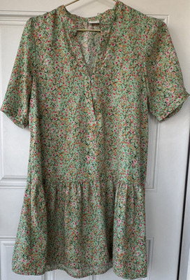 Jacqueline de Yong Green Floral V-Neck Short Sleeve Dress Women s 34