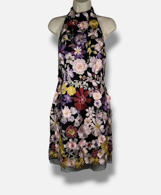 MILLY Women's Black Floral Applique Halter Mini Dress Size 8