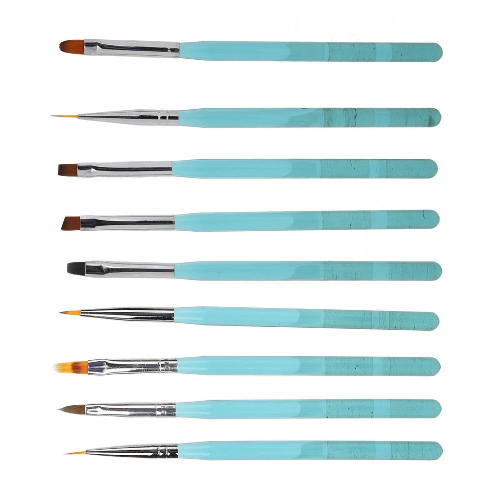 Juego de 9 brochas para arte en uñas de nailon para diseño de uñas con azul transparente Foto 3 de 4