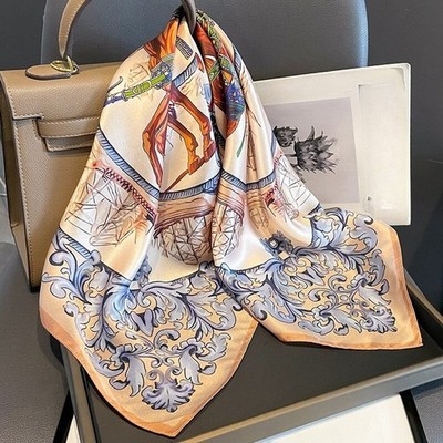 100% Silk 27'' Scarf Women Fashion Beige Carriage Kerchief Small Square Bandana