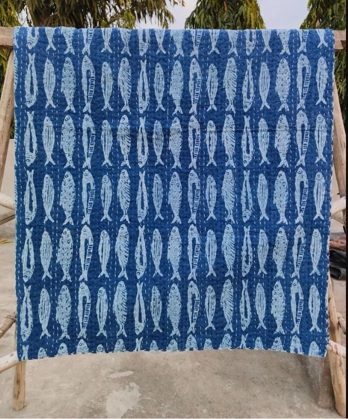 Indian Handmade Throw Kantha Quilt Floral Block Print Blue Indigo Fish Bedspread - Image 2 of 4