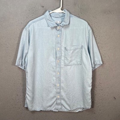 Mango Mens Large  Light Blue Relaxed Fit Short Sleeve Button-Up Shirt