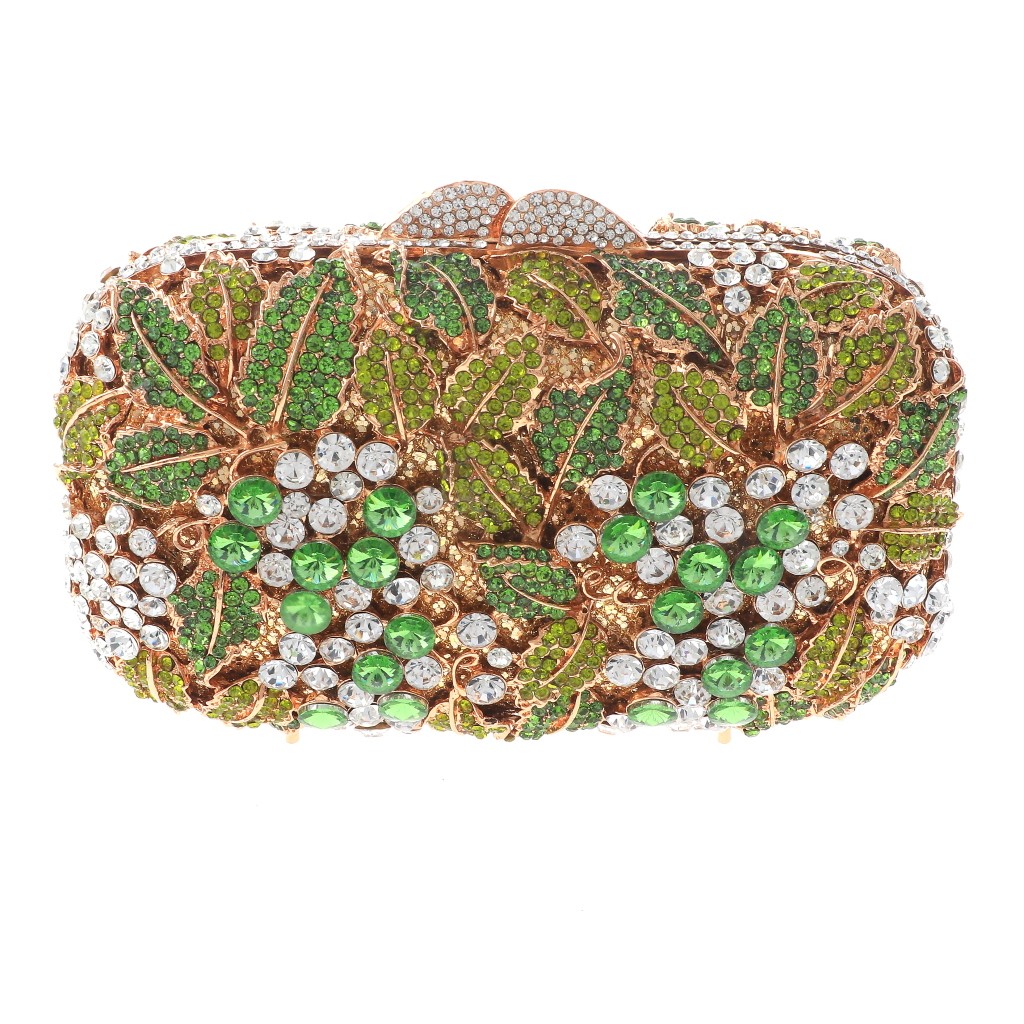 Gold Tone Metal Crystal Rhinestone Clutch Evening Bag HB6251-GRN