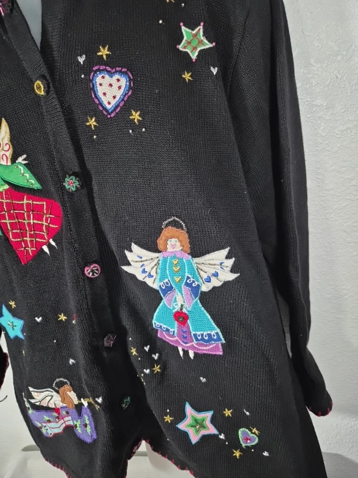 Quacker Factory Black Button-Up Cardigan Angels & Hearts Sweater Size 2X - Image 3 of 4