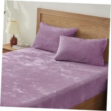 Velvet Fitted Sheet and Pillowcases Set, Luxury Soft Fuzzy Queen Lavender