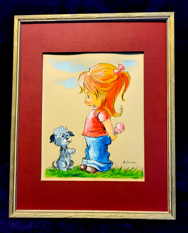 Vintage 1970s Original HELENE art Girl with Ice Cream Cone and Dog