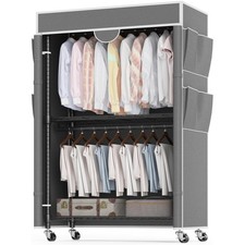 Heavy Duty Double Clothes Rail with Cover Garment Rack Open Wardrobe with Wheels