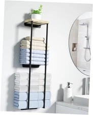 Towel Racks for Bathroom Wall Towel Holder with Wood Shelf, Metal 2 Tier Black