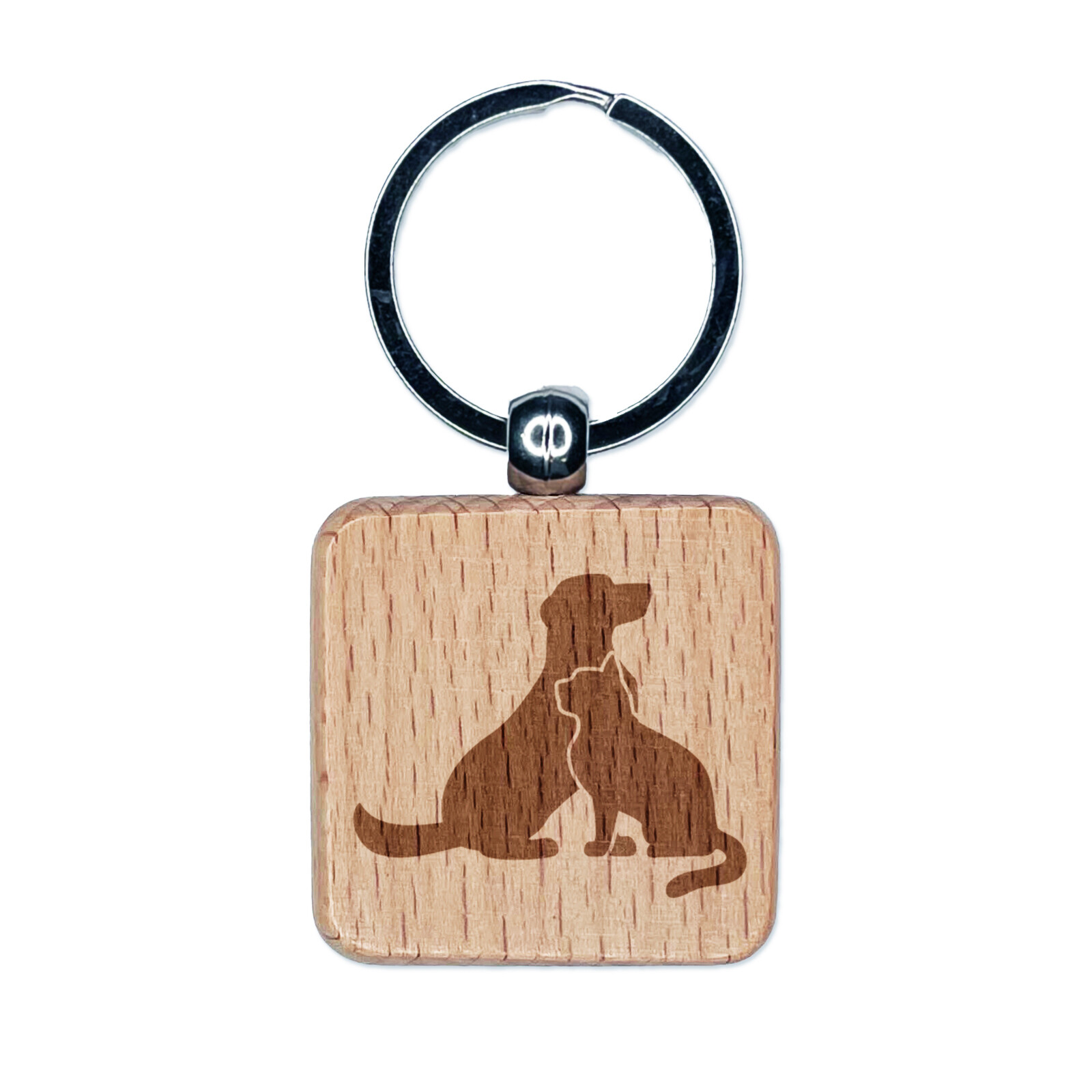 Cat and Dog Sitting Together Pet Engraved Wood Square Keychain Tag Charm