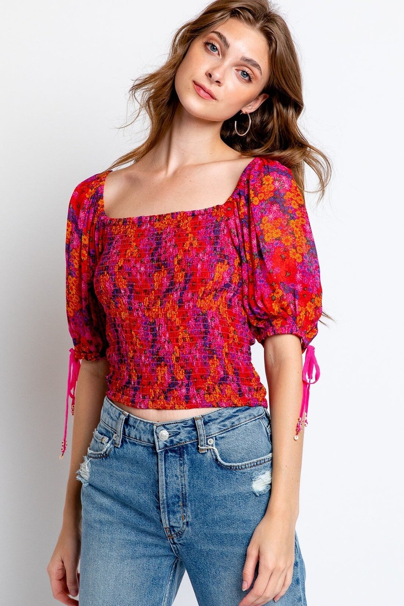 Free People Back On Top Hot Pink Floral Print Smocked Blouse