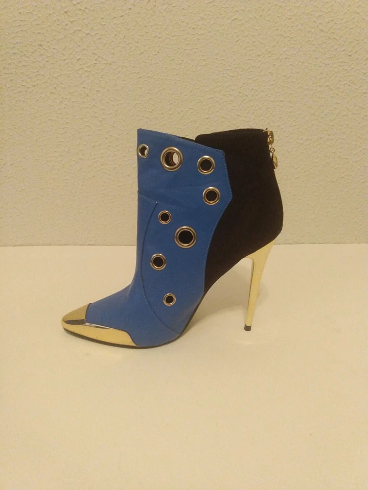 Wild Rose 蓝色黑色人造皮革人造麂皮绒拉链踝靴 4 3/4 英寸高跟靴 8.5 码 — 第 3/4 张图片