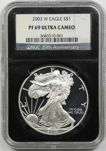 2003-W Silver Eagle PF 69 Ultra Cameo $1 NGC *Black Retro Slab* 25th Anniversary