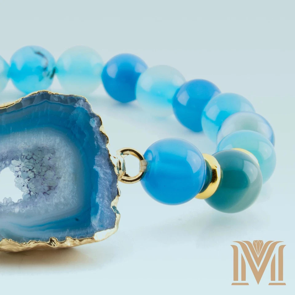 Elegante Brazalete de Cuarzo Azul Ágata y Druzy - Acento Dorado, Ajustable (6"-7.5") Foto 2 de 4