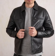 Men’s Black Leather Biker Jacket Real Lambskin Casual Slim Fit Bomber Style