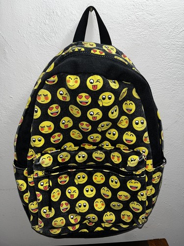 Emoji Backpack Yellow&Black Canvas Material Zippers 4Pockets Adjustable Straps - Picture 2 of 8