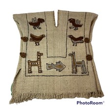 Vtg Blanket Poncho Vest Wool Side Button Fringe Western Southwest Llama OSFM
