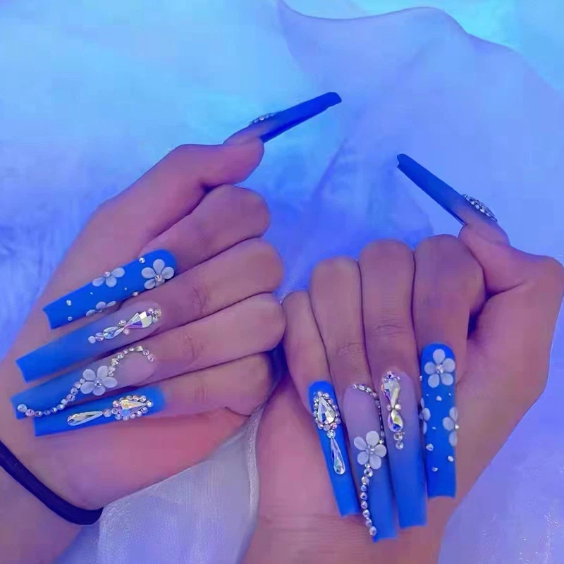 24Pcs Long Coffin Blue Flower Fake Nails with 3D Rhinestones Full Press On  Nails