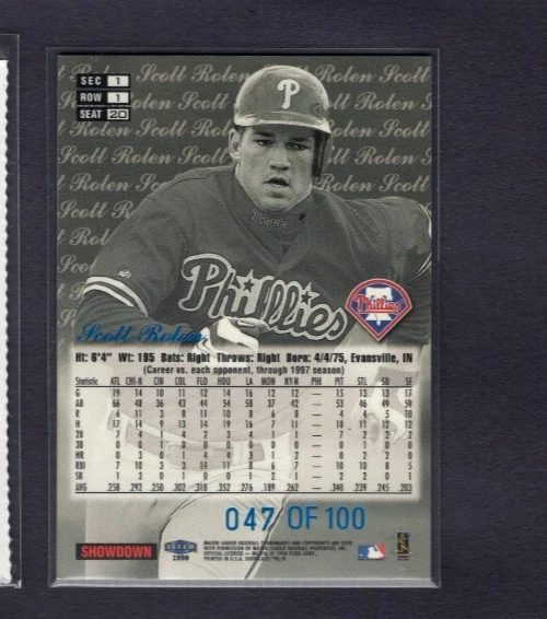 1998 FLAIR SHOWCASE ROW 1 GRACE LEGACY COLL #20 SCOTT ROLEN PHILLIES SP #/100 - Image 2 of 2