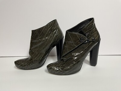 Louis Vuitton Ankle Boots Embossed Patent Leather Heels Dark Olive 38.5/7.5-8